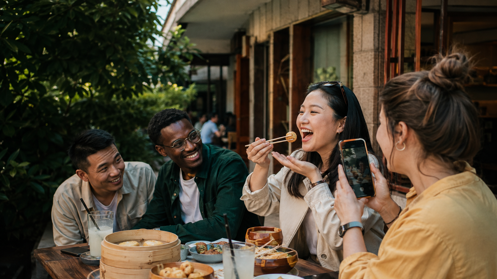 AI illustration: friends sharing food and filming a moment together in China.